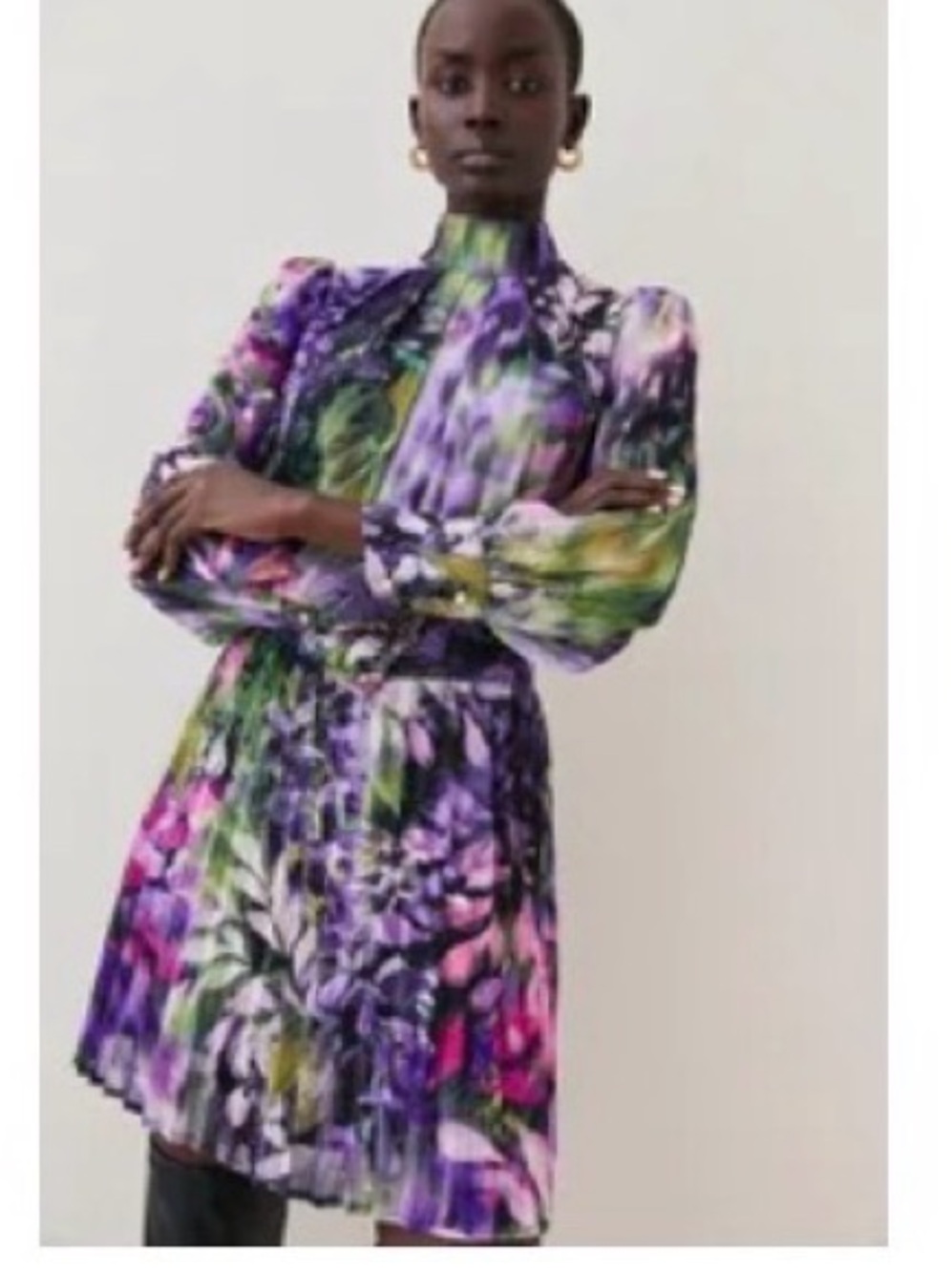 Karen Millen Purple Green Floral High-Neck Long-Sleeve Pleated Dress